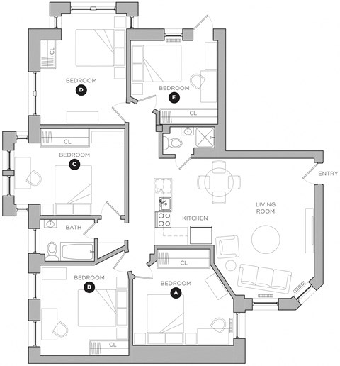 Floor plan for 5 beds, 2 baths, 322 sqft